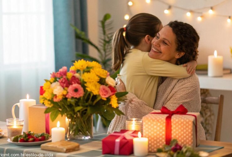 Celebração do Dia das Mães com uma mesa decorada com flores, velas e presentes, e uma mãe recebendo um abraço carinhoso de seu filho.