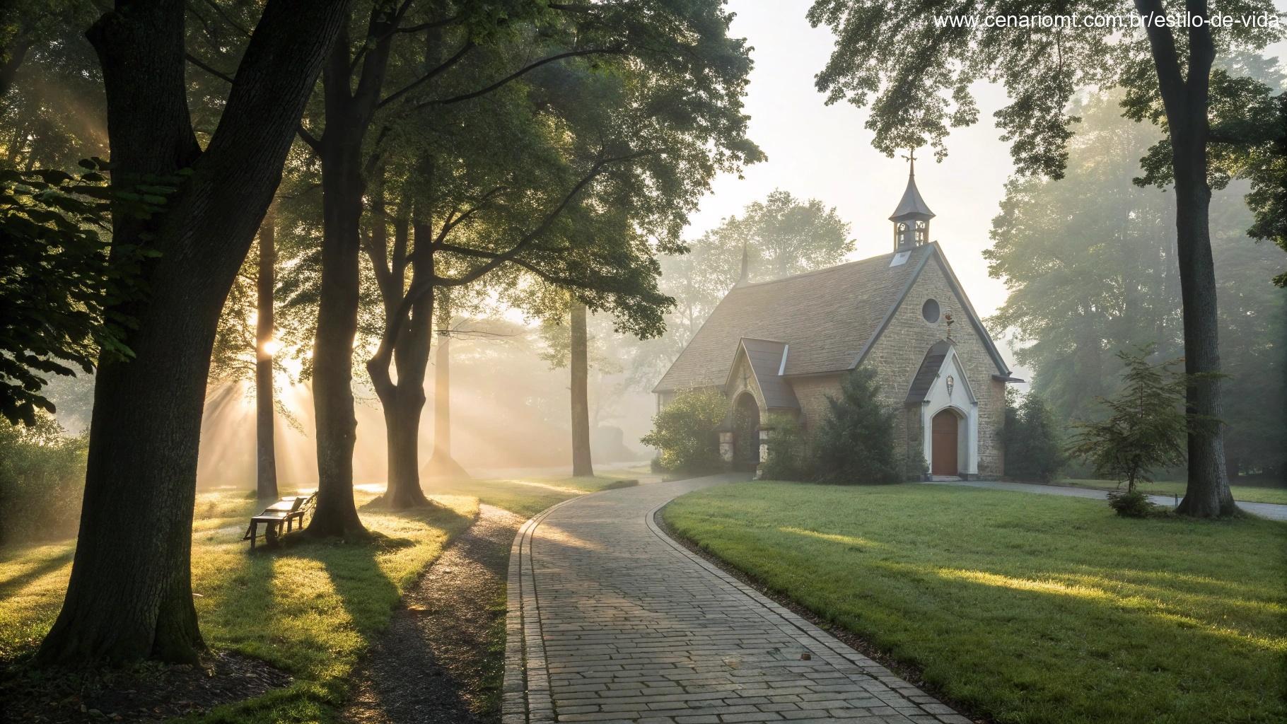 Cenário de igreja pela manhã com luz suave e caminho tranquilo, simbolizando fé e motivação