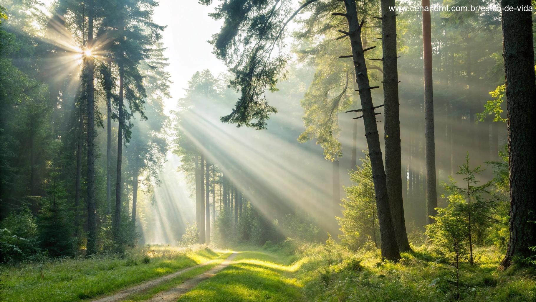 Manhã calma com raios de sol atravessando as árvores em uma floresta tranquila