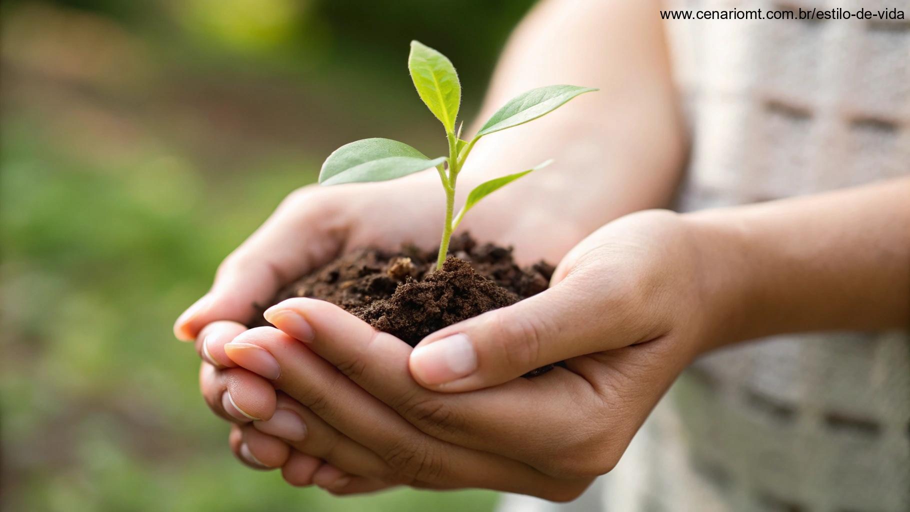 Imagem de mãos segurando suavemente uma pequena planta crescendo, simbolizando gratidão e o cuidado com novos começos no início da semana.