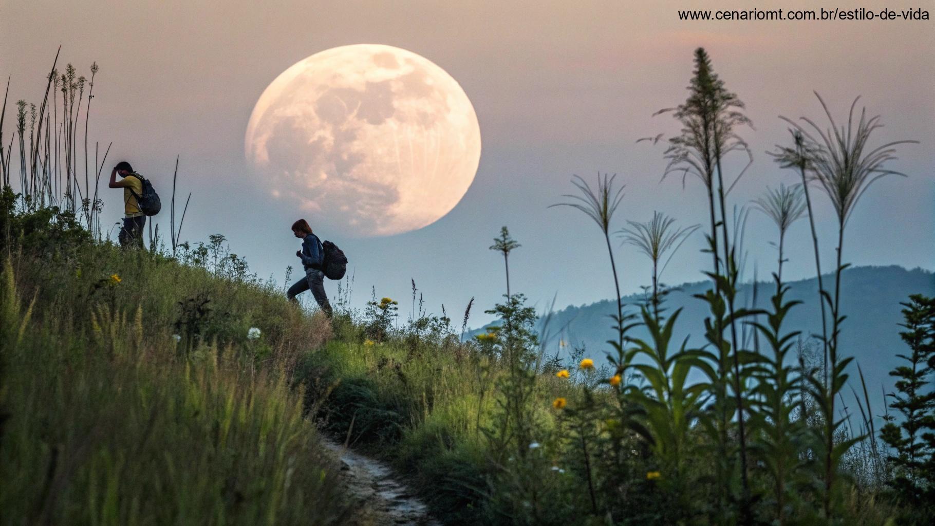 Ilustração da lua crescente influenciando a natureza e o cotidiano das pessoas