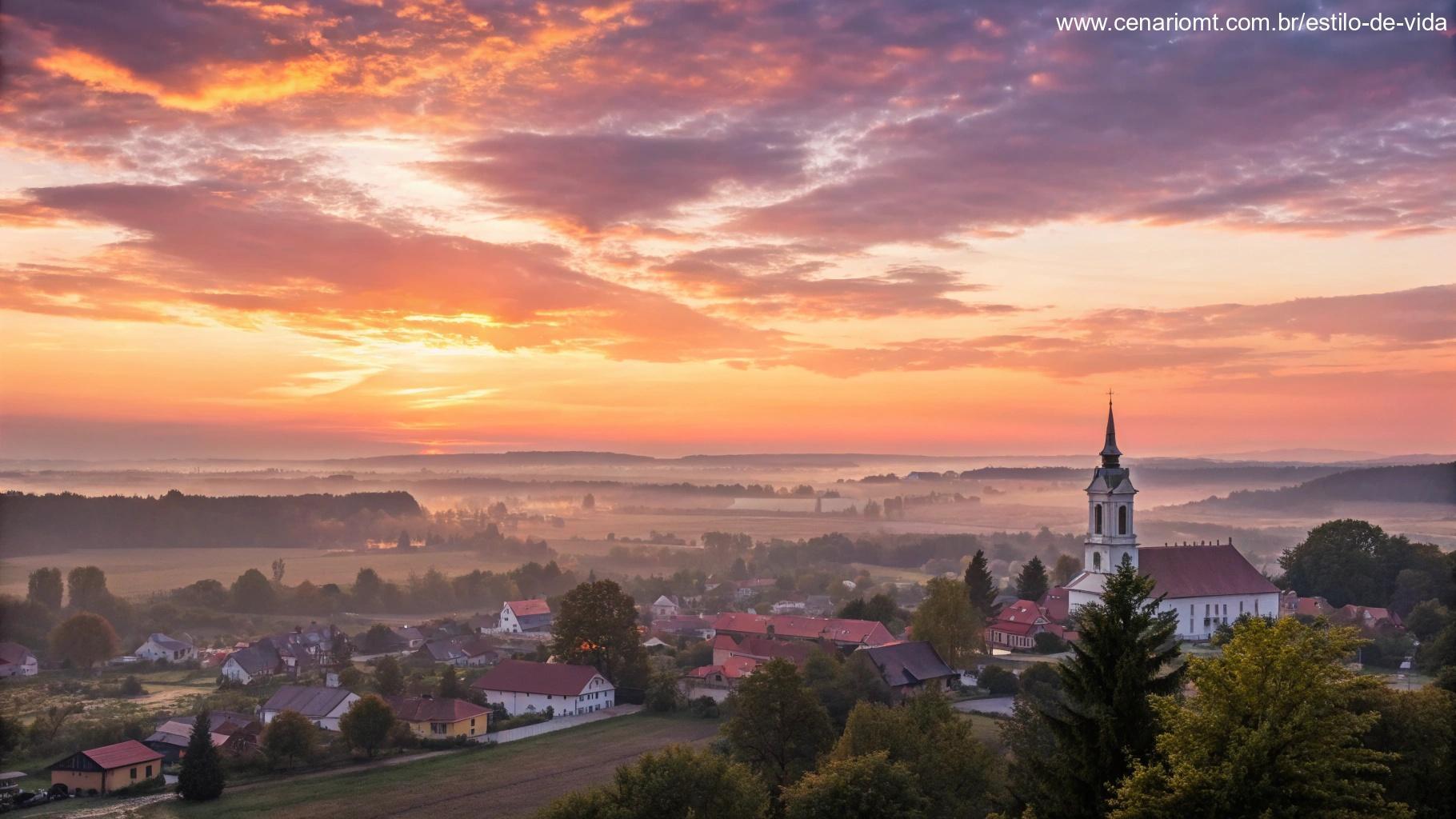 Amanhecer acolhedor sobre uma cidade tranquila, simbolizando um novo dia de oportunidades espirituais.