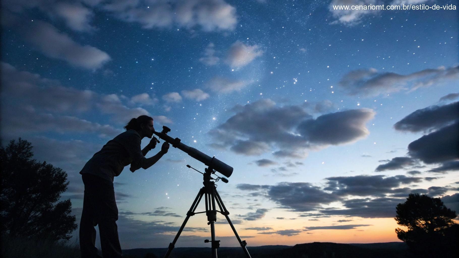Pessoa observando as fases da lua com telescópio, sem texto ou números na imagem