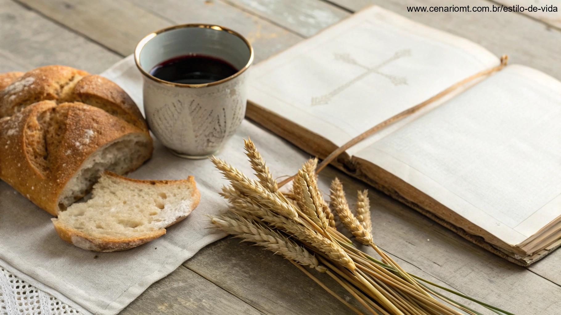 Mesa rústica com pão fresco, taça de vinho e espigas de trigo ao lado de um livro aberto com discreta cruz gravada