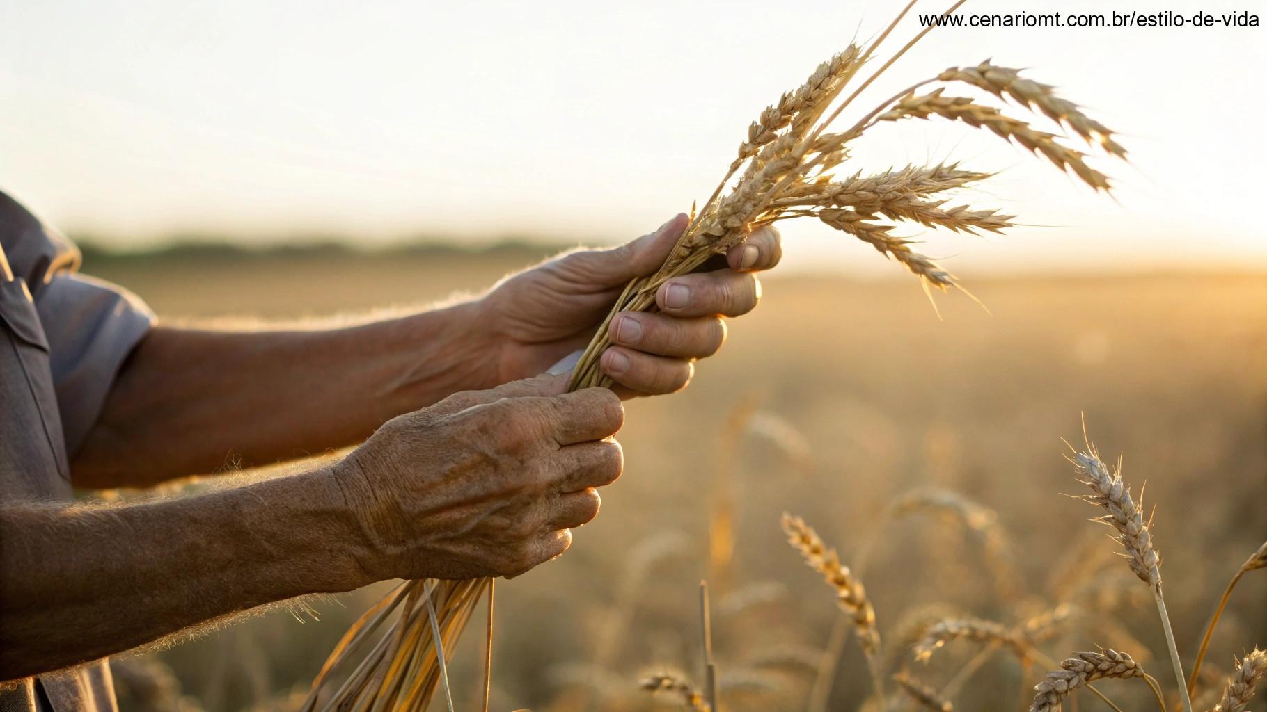 Mãos segurando talos de trigo com um campo desfocado ao fundo na luz dourada