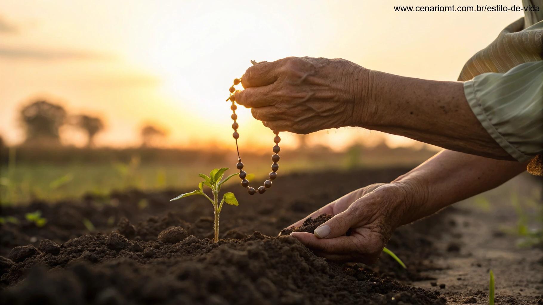 Mãos marcadas pelo tempo segurando um terço enquanto plantam sementes em terra fértil, com pôr do sol ao fundo
