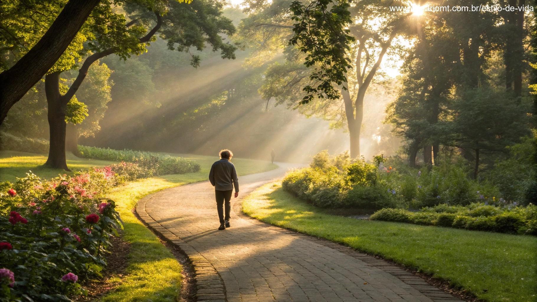 Imagem positiva de uma pessoa caminhando pela manhã em um parque, com o sol brilhando através das árvores, transmitindo a ideia de usar mensagens de bom dia para aumentar a positividade.