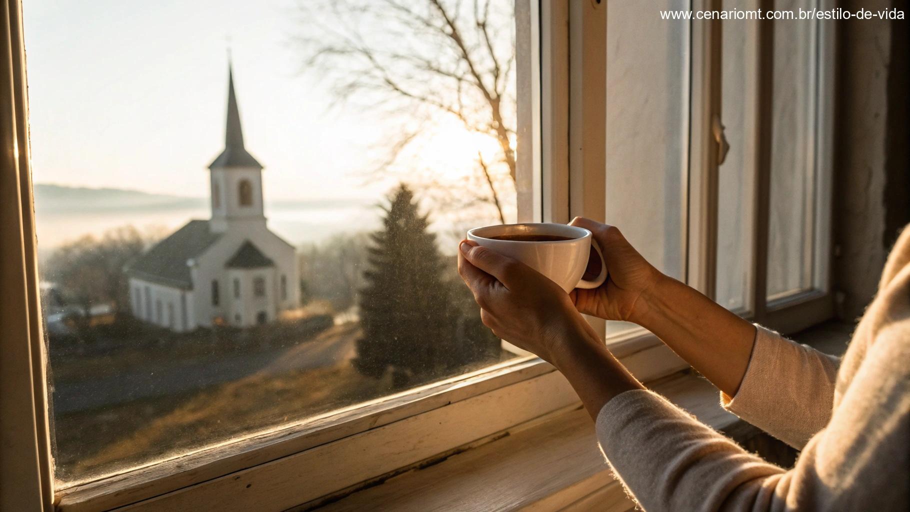 Mãos segurando uma xícara de chá com uma igreja ao fundo pela janela, em luz aconchegante
