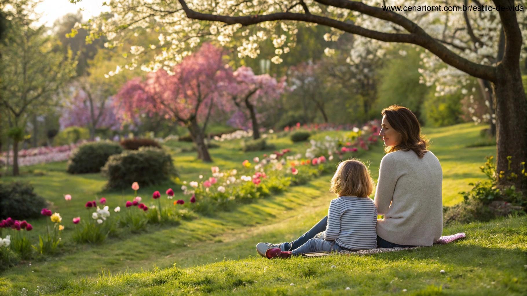 Cena tranquila ao ar livre com uma mãe e seu filho aproveitando um momento pacífico juntos em um jardim cheio de flores, simbolizando calor e afeição para o Dia das Mães.