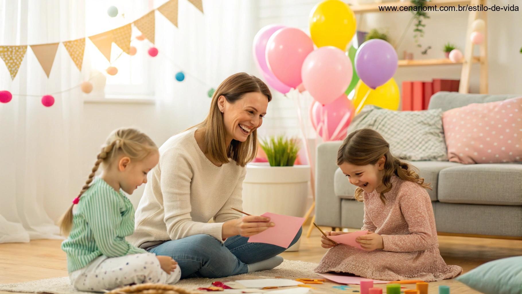 Celebração acolhedora do Dia das Mães dentro de casa, com a mãe e os filhos criando cartões e presentes feitos à mão.