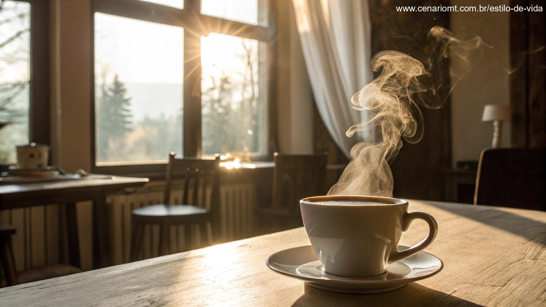 Cena matinal tranquila com uma xícara de café fumegante sobre uma mesa, com a luz do sol entrando pela janela, criando uma atmosfera de calma e positividade.