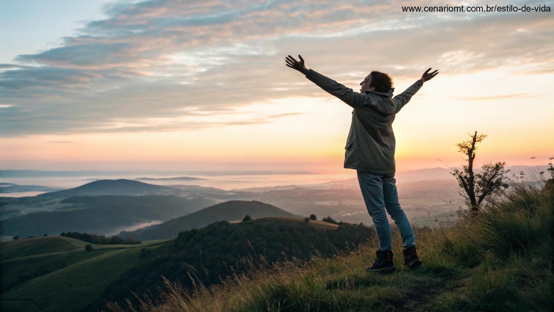Pessoa em uma colina, com os braços abertos, olhando para o horizonte ao amanhecer, simbolizando fé e transformação para a segunda-feira