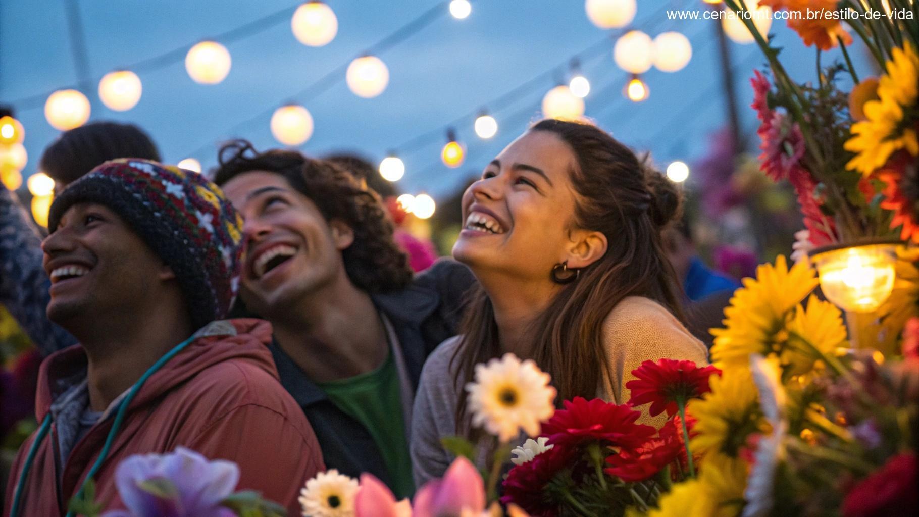 Imagem vibrante e energética de pessoas sorrindo e compartilhando energia positiva, rodeadas de elementos coloridos como flores e luz, transmitindo uma sensação de conexão, alegria e apoio mútuo.