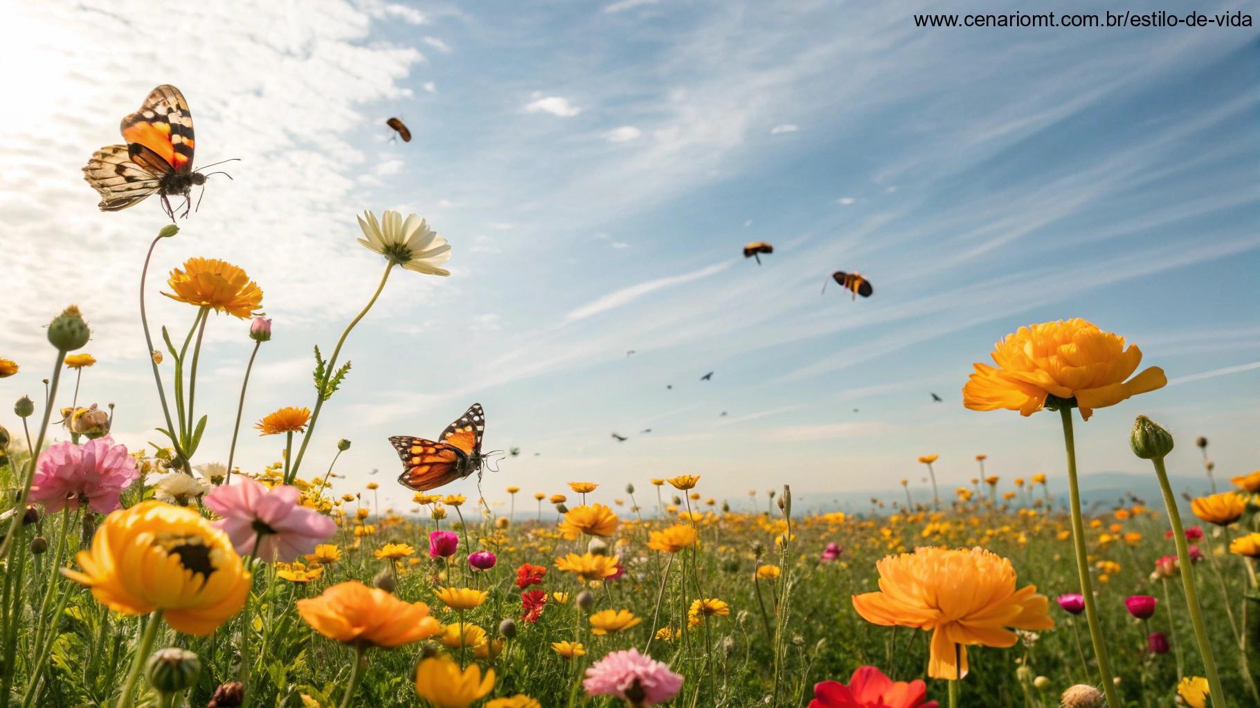 Um campo vibrante de flores em plena floração sob um céu claro, com abelhas e borboletas ao redor, representando a partilha de positividade e alegria.