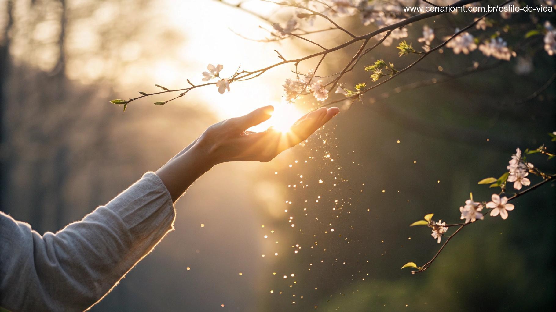Imagem de uma mão estendida com luz suave, cercada por natureza, simbolizando bênçãos e carinho