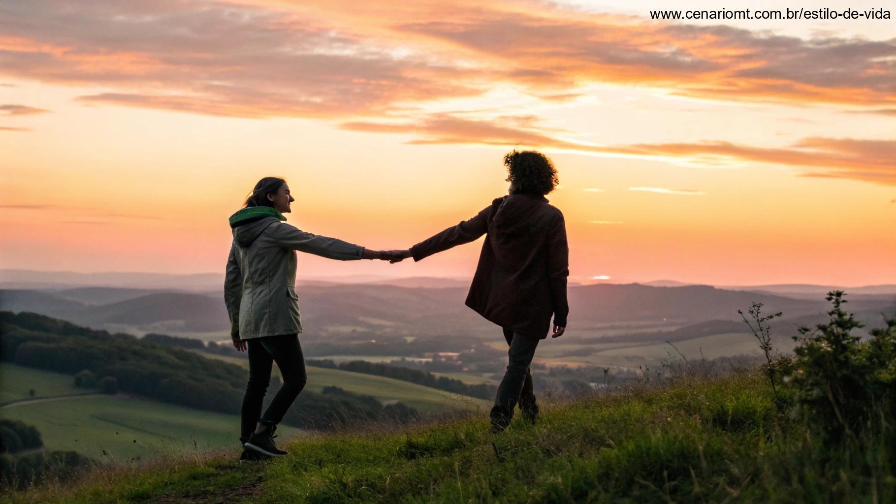 Duas pessoas de mãos dadas no alto de uma colina ao pôr do sol, compartilhando boas energias