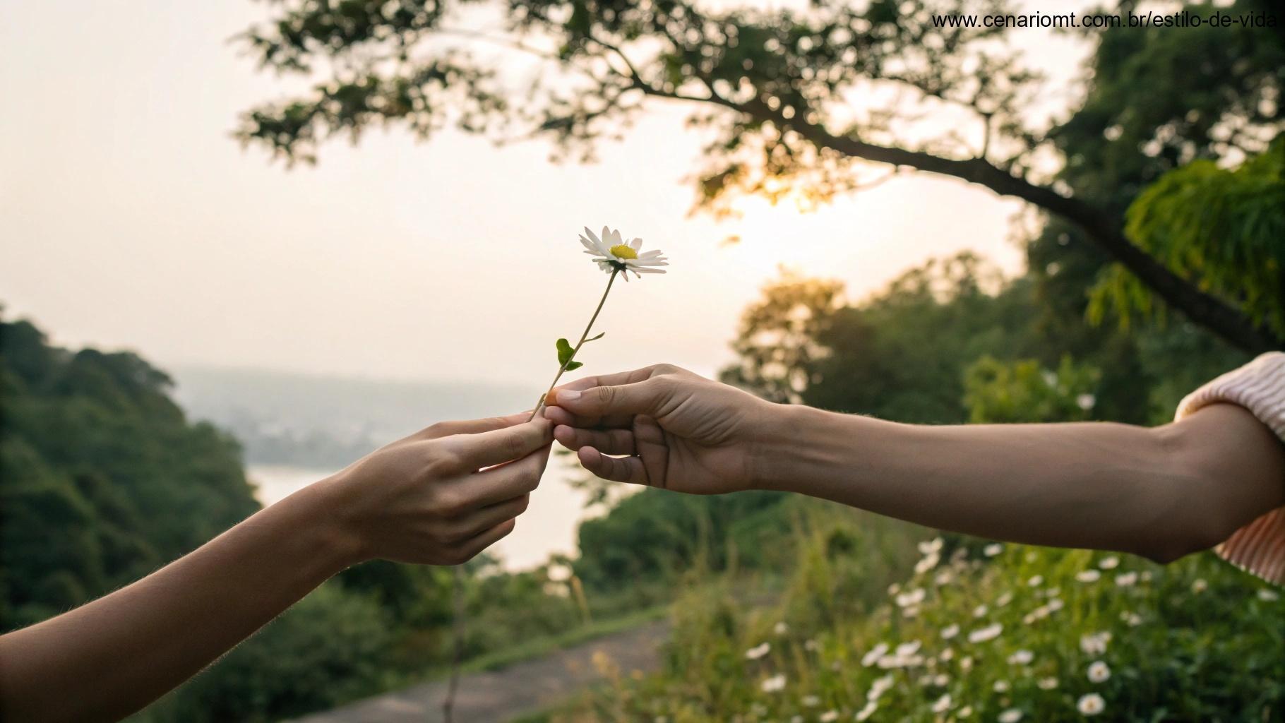 Mãos oferecendo uma flor em um cenário natural suave com luz da manhã
