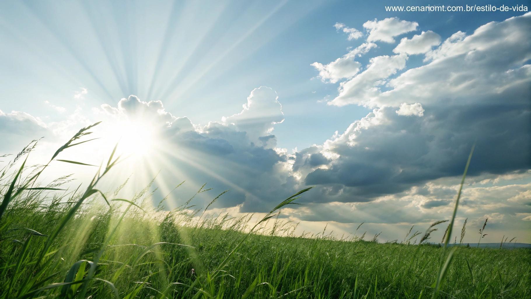 Cenário de esperança com luz solar penetrando através das nuvens sobre um campo verde.
