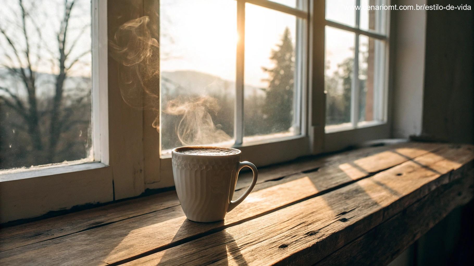 xícara de café em uma mesa de madeira iluminada pela luz da manhã, simbolizando esperança compartilhada