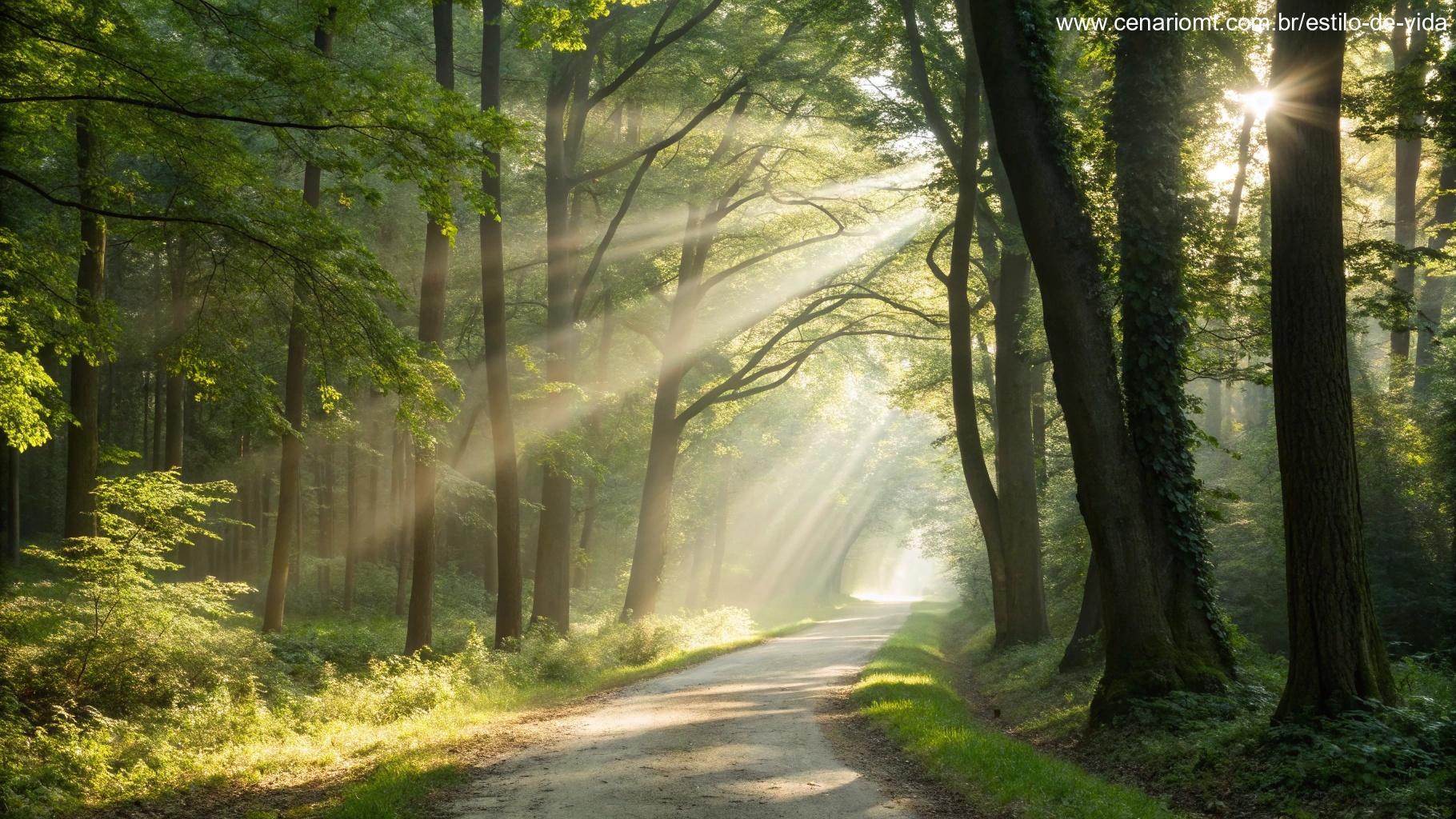 Caminho na floresta iluminado pelo sol, simbolizando recomeços e fé