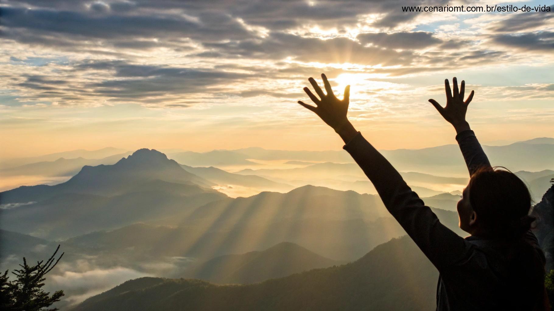 Nascer do sol sobre montanhas com mãos erguidas e natureza tranquila, simbolizando fé e esperança