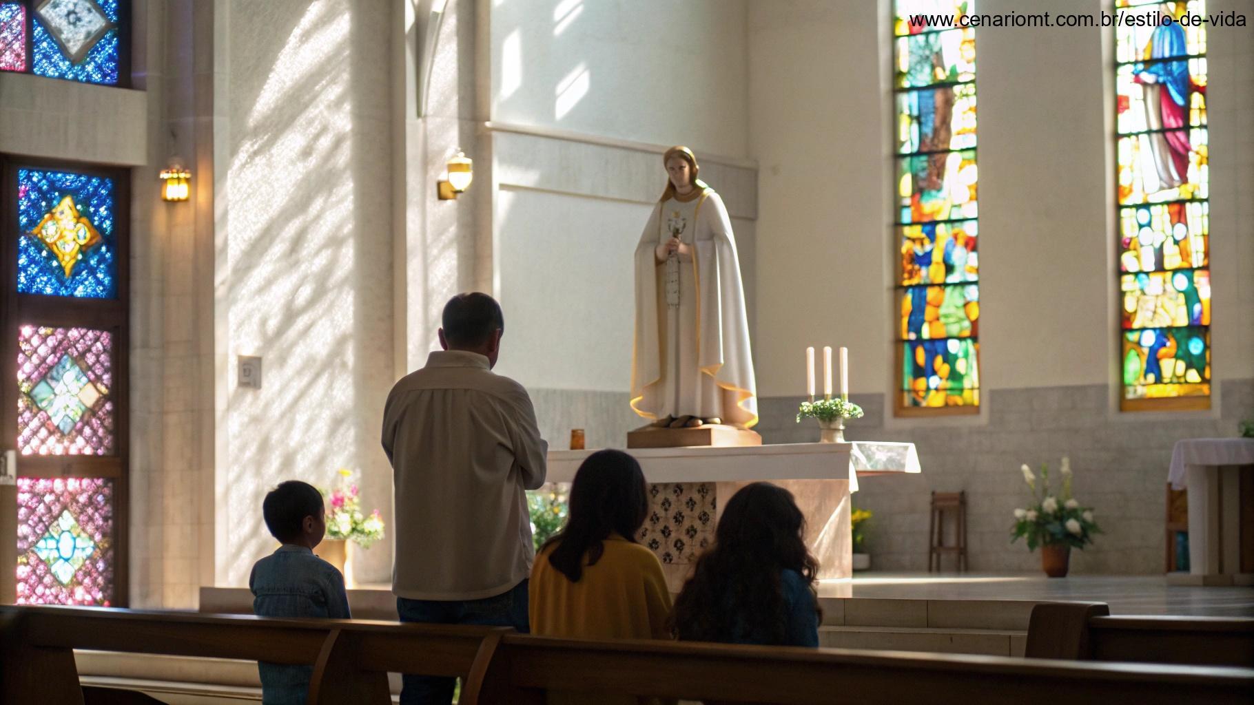 Cena de igreja com um santo sendo homenageado por um pequeno grupo de fiéis, em clima de reverência