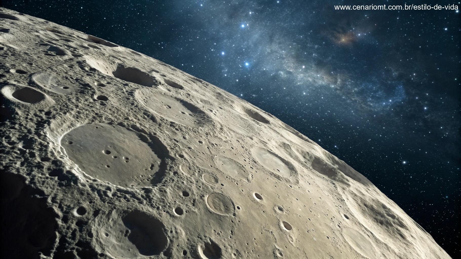 Superfície da Lua com crateras sob céu estrelado