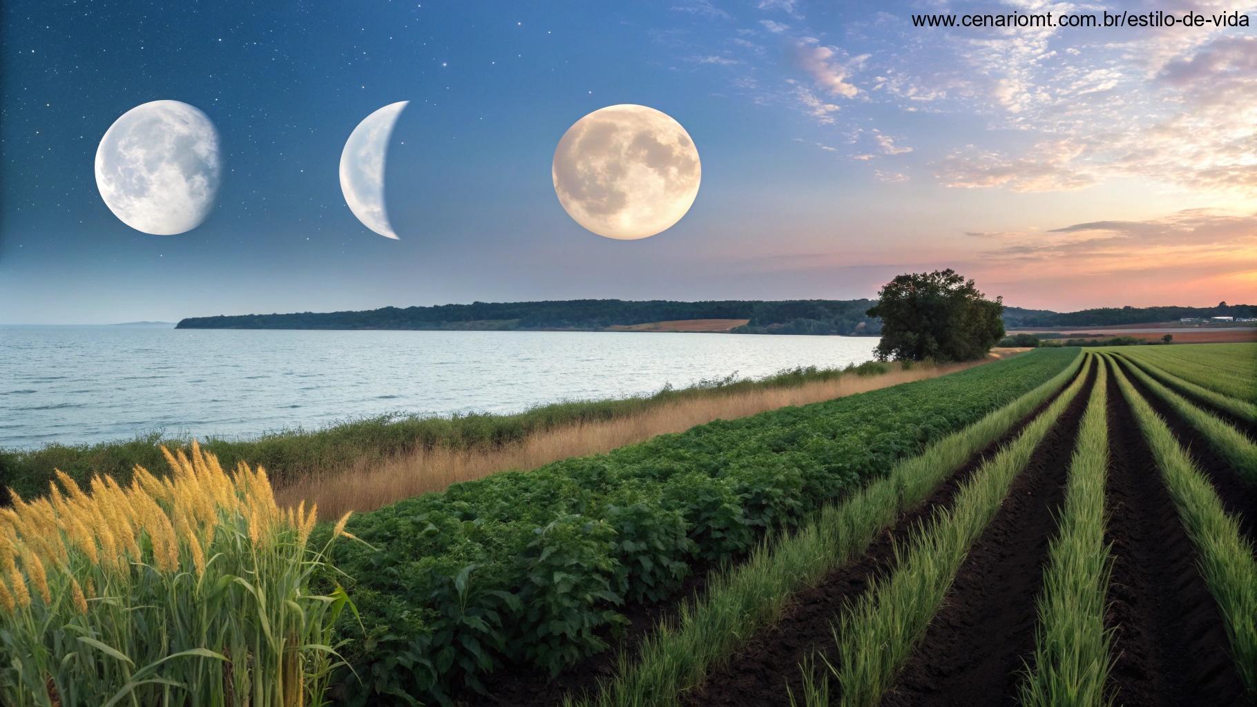 Ilustração conceitual da influência da lua nas marés, sono e agricultura