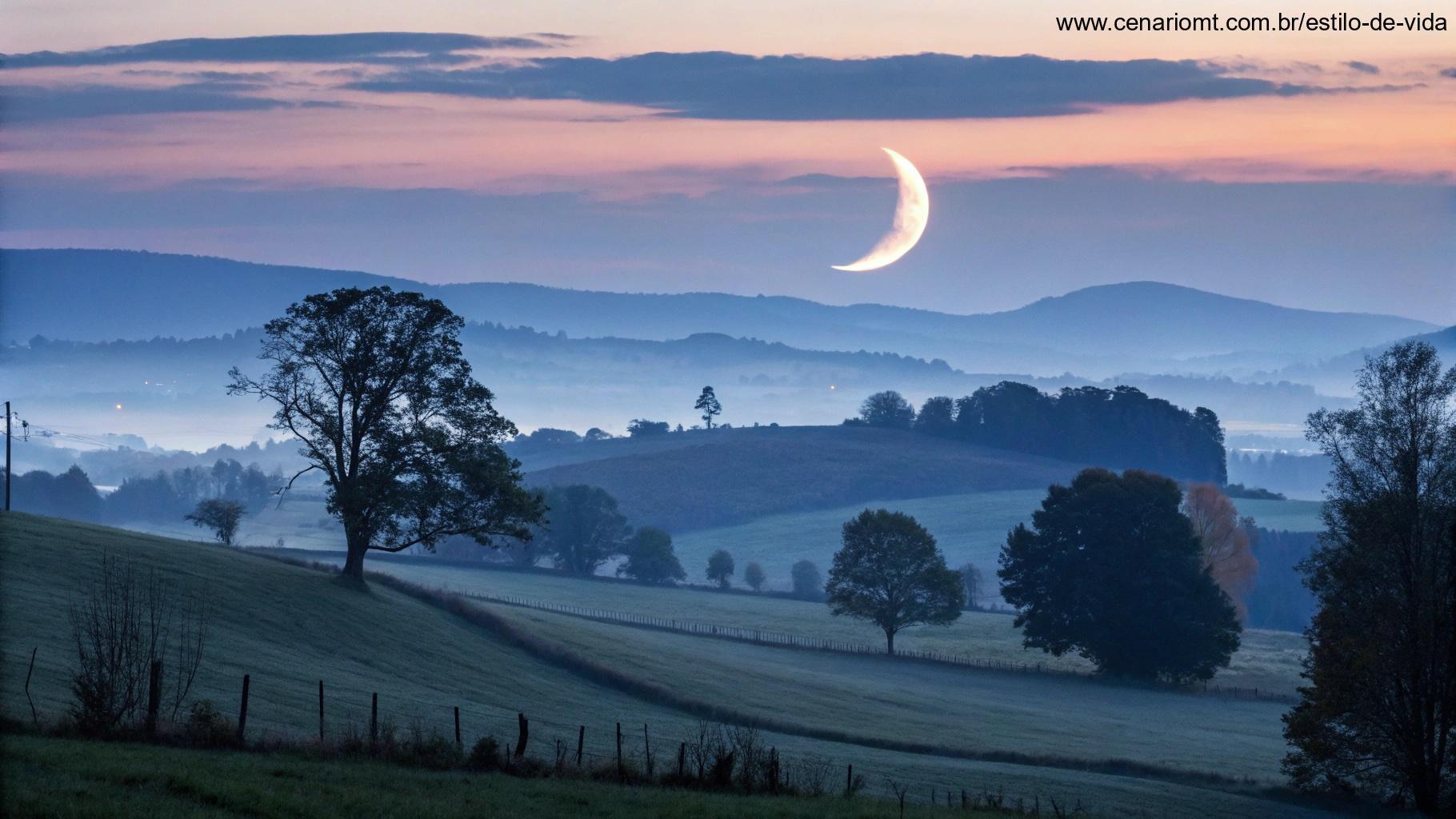 Lua crescente iluminando uma paisagem tranquila e noturna