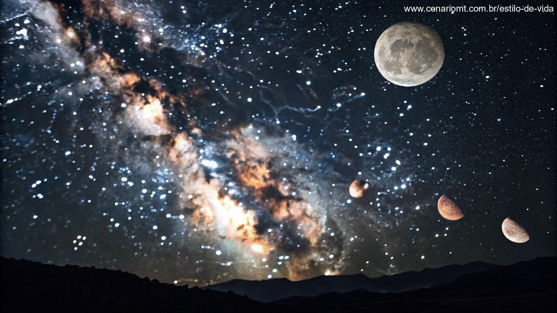 Cena astronômica detalhada com transição da lua e elementos celestes