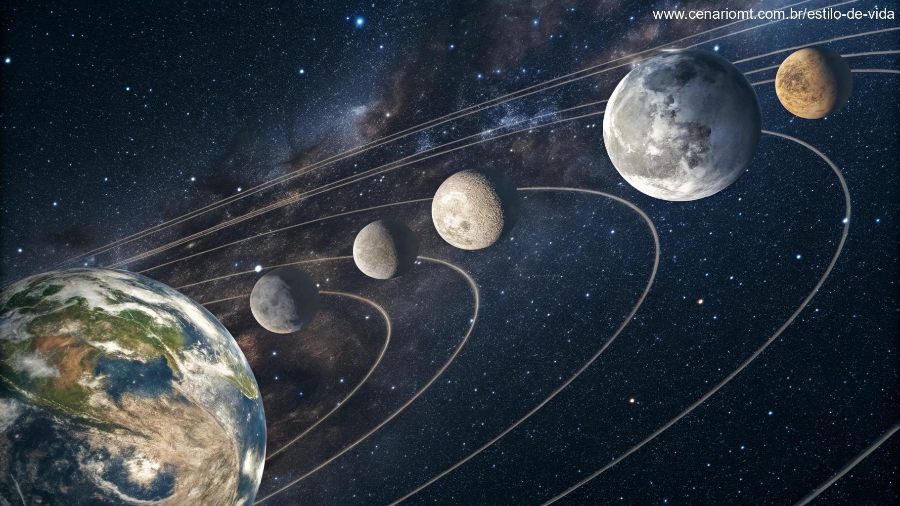 Ilustração criativa da órbita da Lua ao redor da Terra em maio de 2025