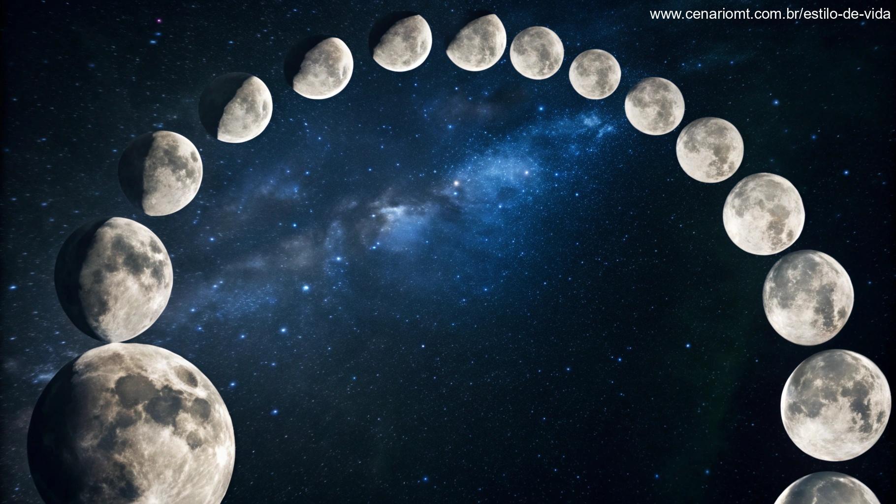 Representação artística das fases da lua com destaque para a minguante