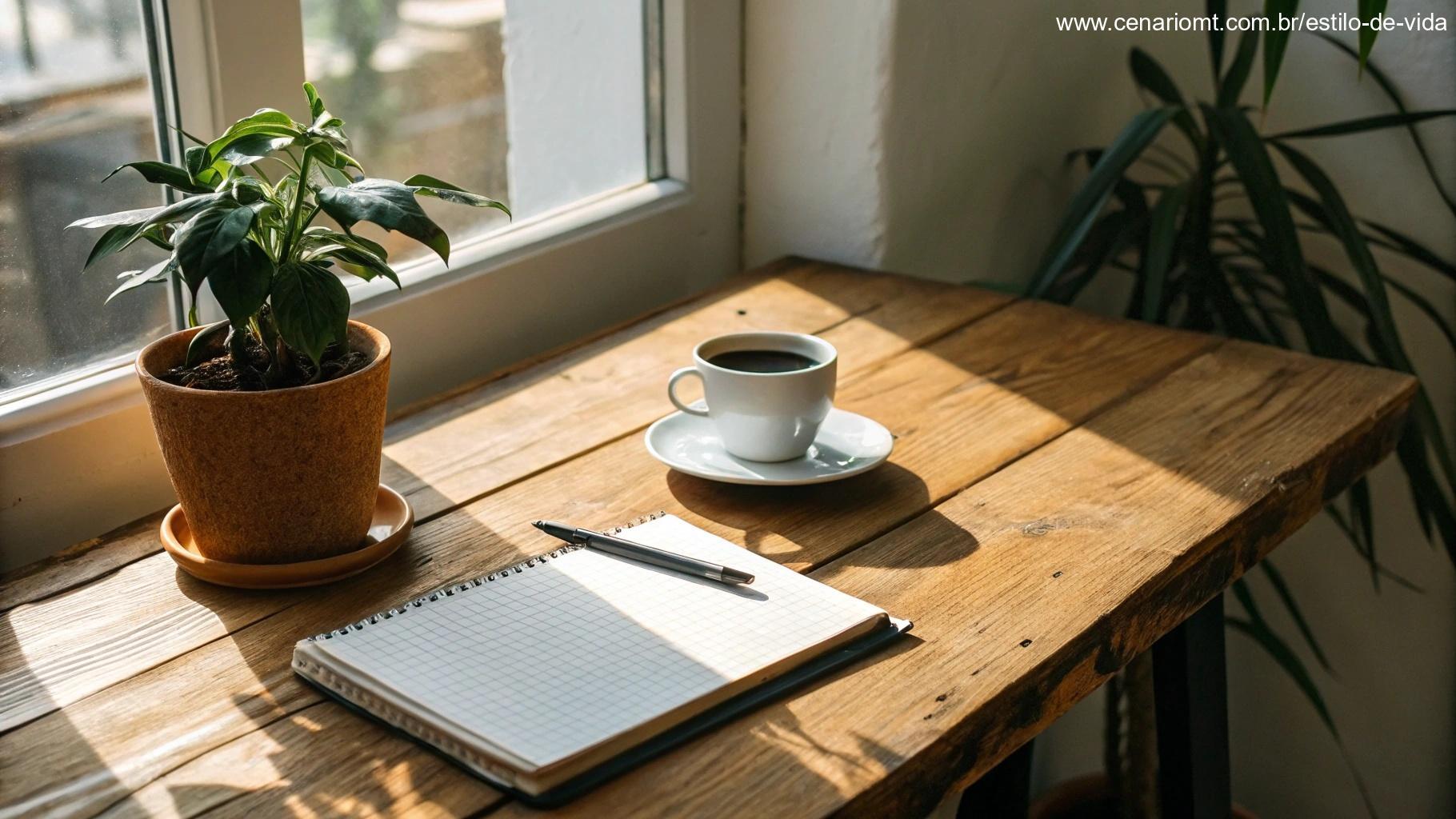 Espaço de trabalho aconchegante com um caderno, uma xícara de café e um vaso de planta em uma mesa de madeira perto de uma janela ensolarada