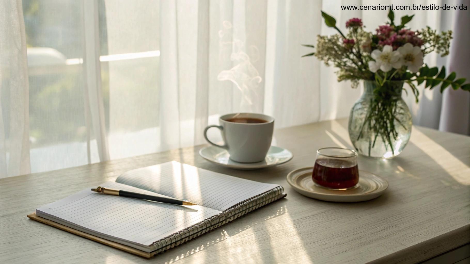 Cena elegante de uma escrivaninha com um caderno organizado, uma xícara de chá fumegante, luz suave da manhã entrando por uma janela com cortinas transparentes, um pequeno vaso com flores frescas, ambiente calmo e inspirador para compartilhar mensagens calorosas