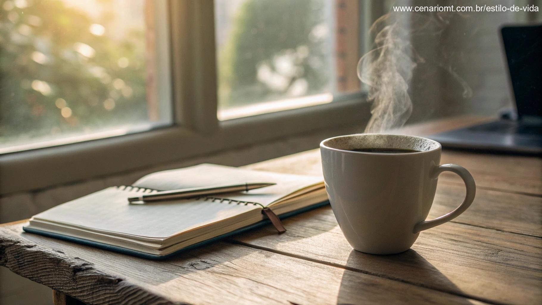 Ambiente de trabalho aconchegante na manhã com uma xícara de café fumegante sobre uma mesa de madeira, caderno aberto com caneta e luz natural suave entrando pela janela, transmitindo foco e motivação
