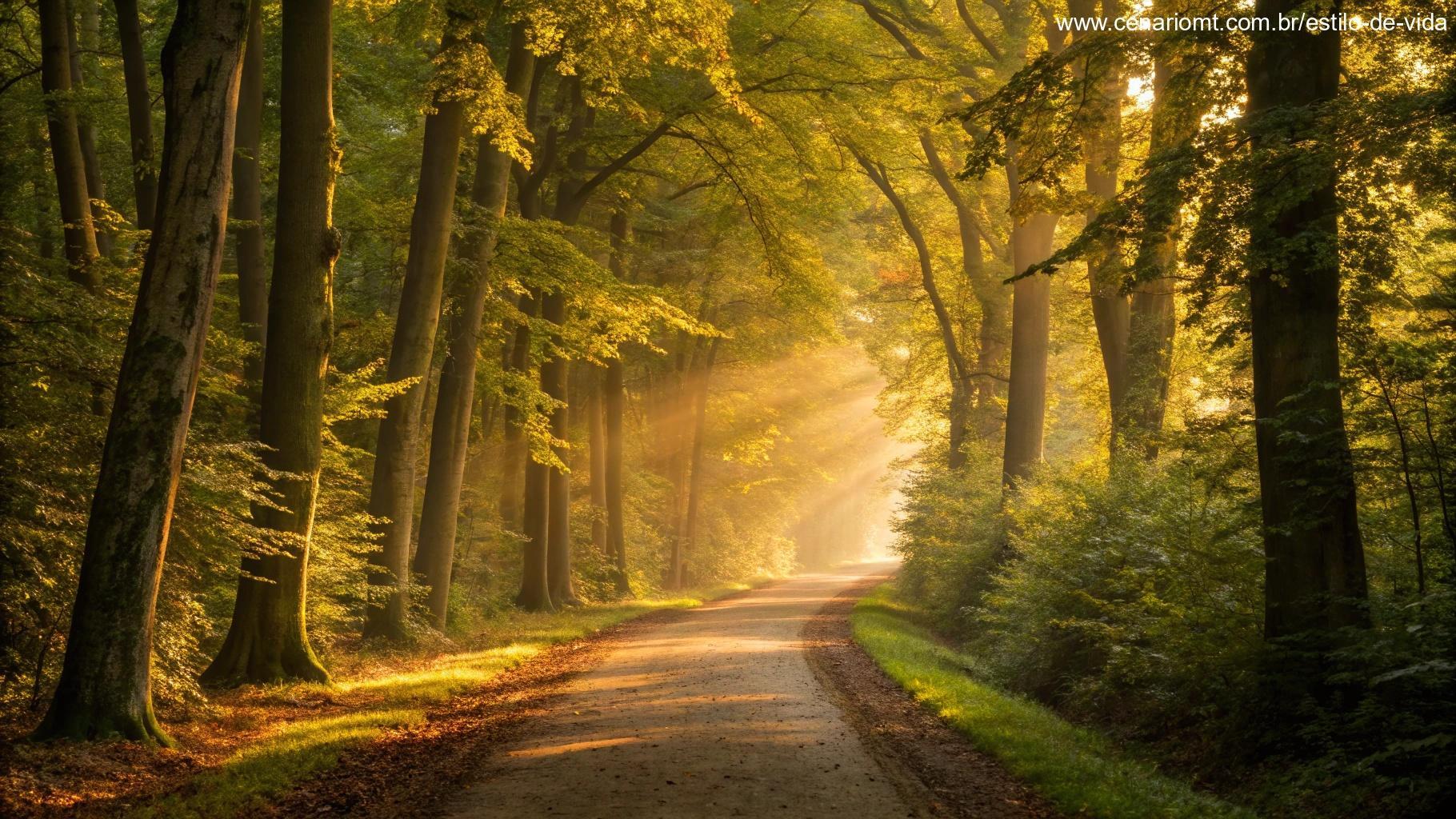 Caminho em meio à floresta com luz dourada filtrando entre as árvores, simbolizando direcionamento espiritual
