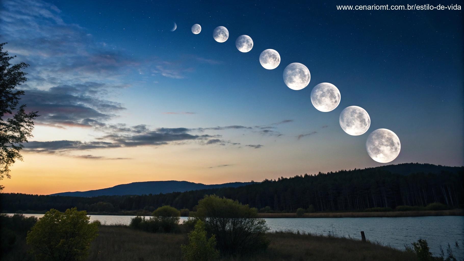 Representação do ciclo lunar completo com diferentes fases da Lua