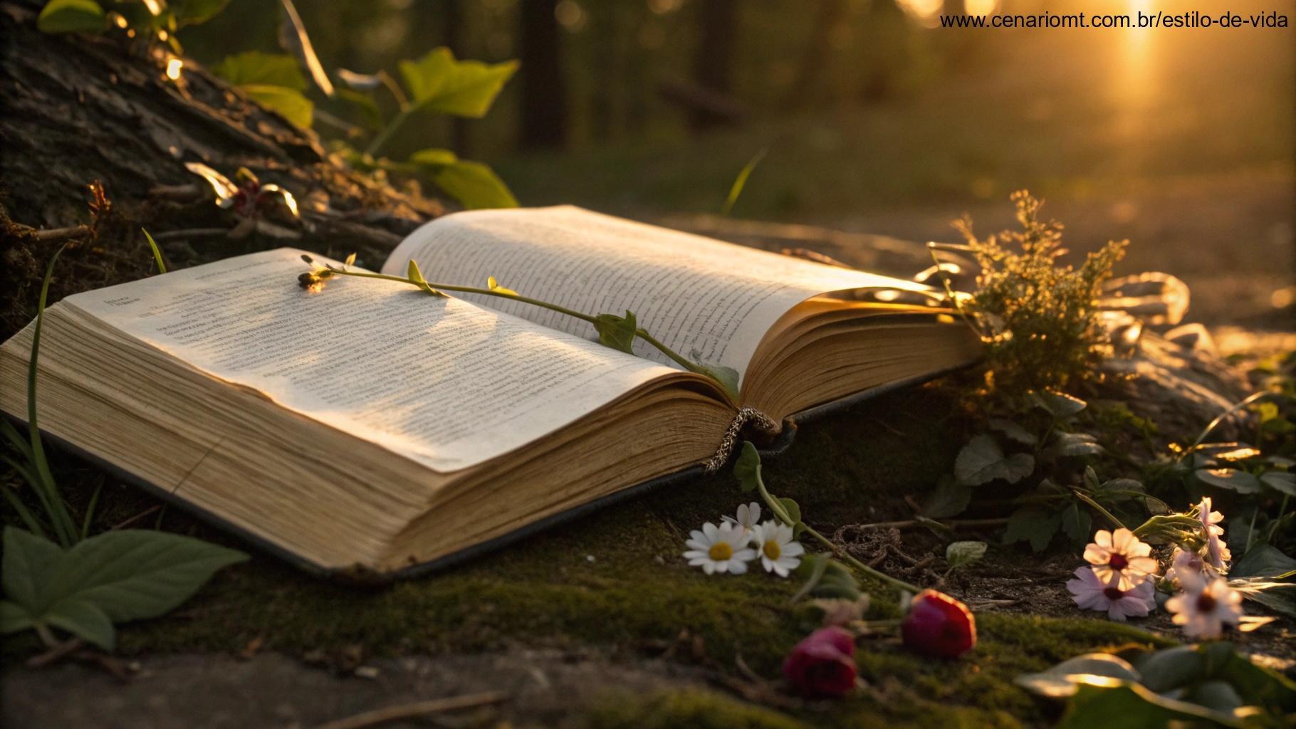 Um livro antigo aberto com luz dourada iluminando suas páginas, cercado por flores e folhas, em um ambiente calmo e reverente