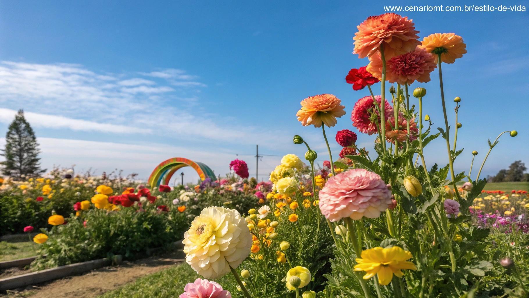 Cena alegre da manhã com flores vibrantes, céu azul claro e uma placa colorida transmitindo a ideia de espalhar positividade com mensagens de bom dia