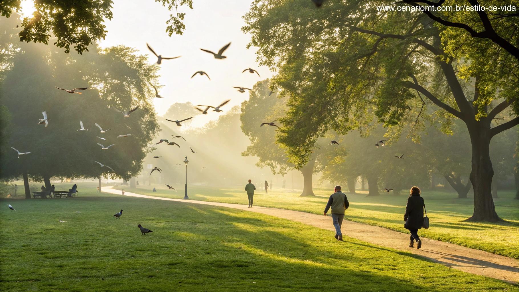 Imagem de um parque calmo em uma manhã de domingo com pombos voando e sol brilhando