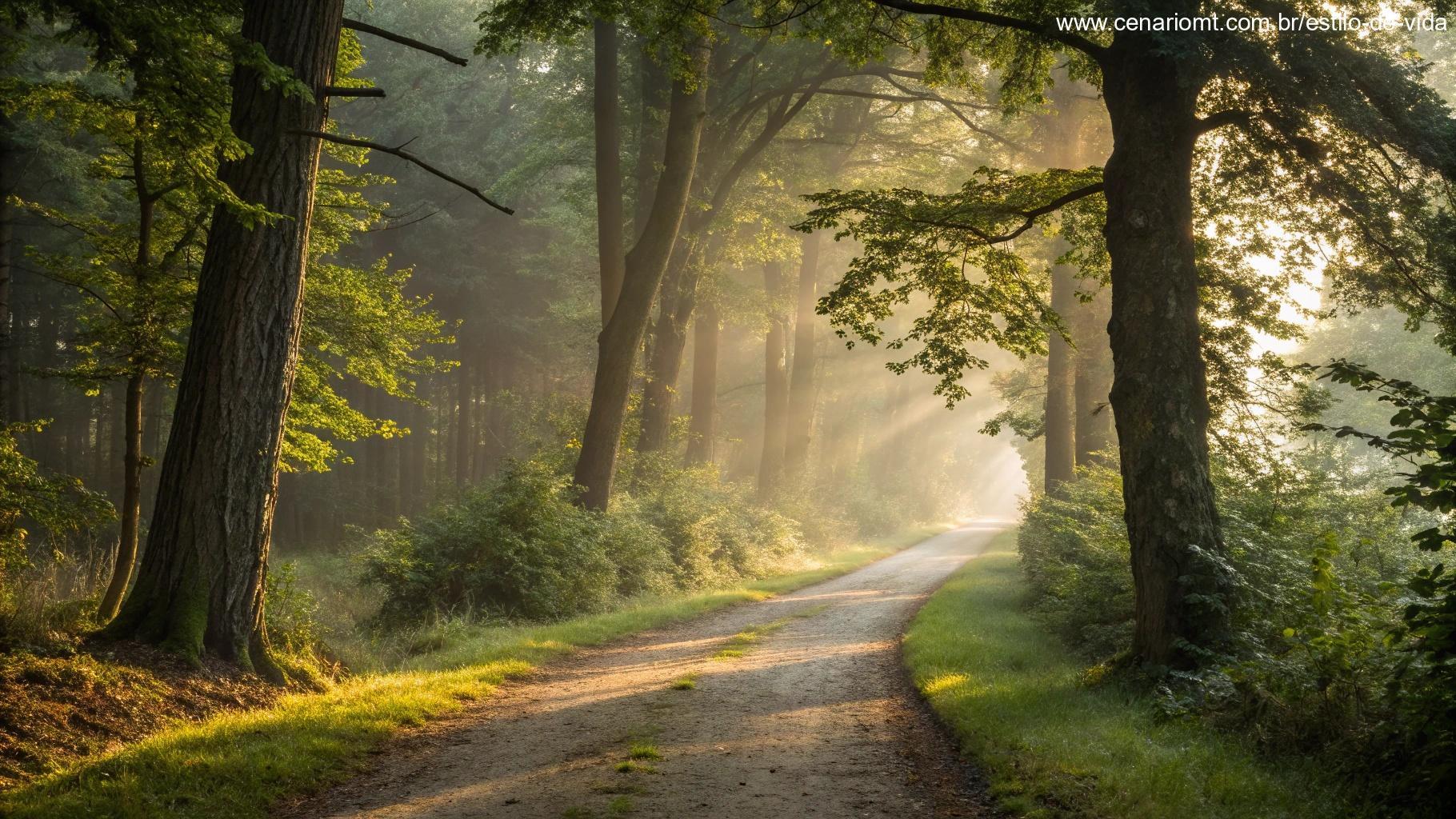 Trilha serena em floresta iluminada pela luz da manhã, simbolizando orientação espiritual