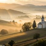 Amanhecer tranquilo sobre uma igreja no campo, representando força e luz de Deus