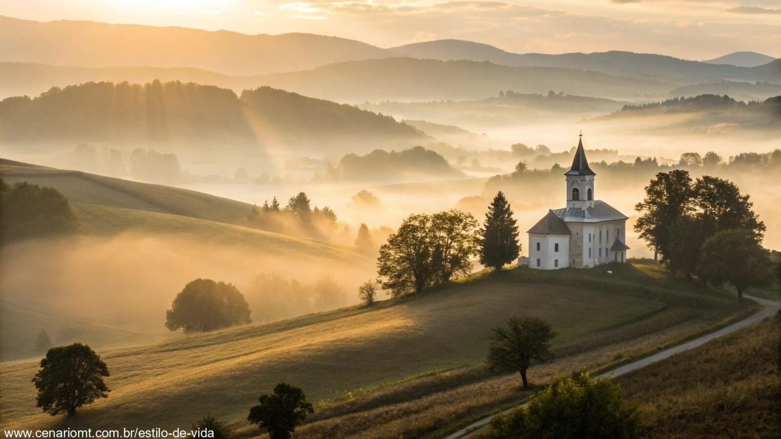 Amanhecer tranquilo sobre uma igreja no campo, representando força e luz de Deus