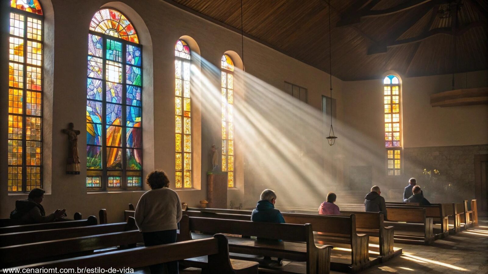 Interior de uma igreja ao amanhecer com fiéis orando e luz suave entrando pelos vitrais
