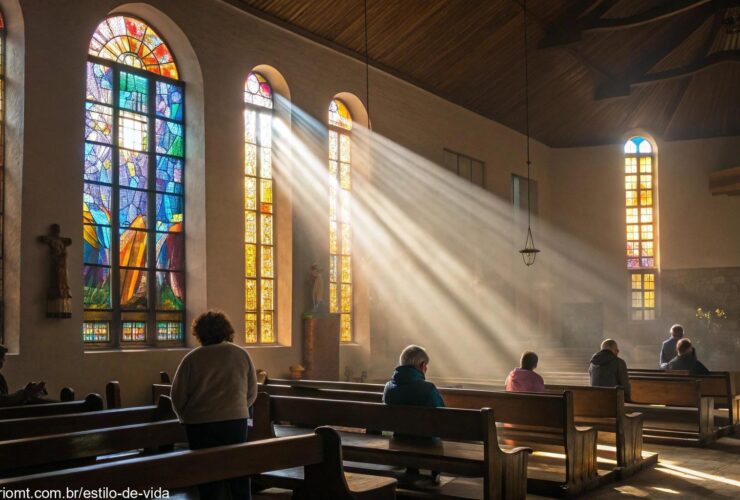 Interior de uma igreja ao amanhecer com fiéis orando e luz suave entrando pelos vitrais