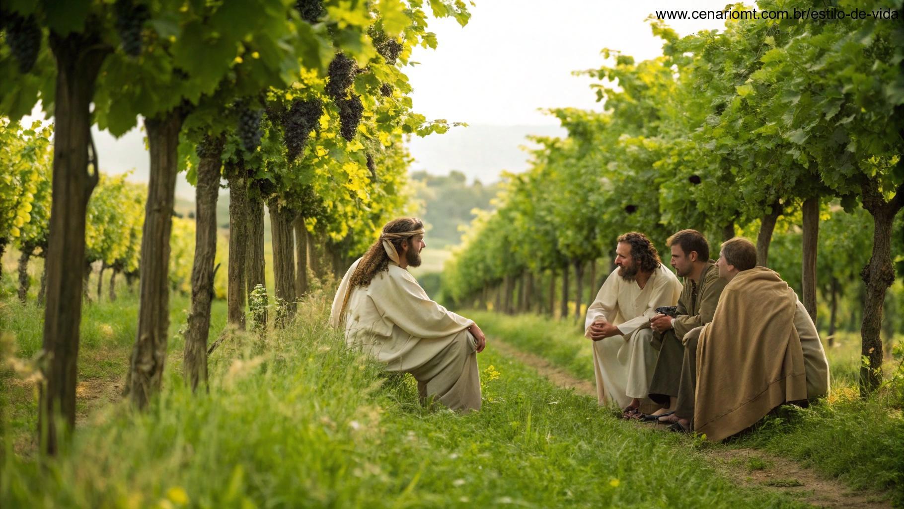 Cena bíblica com Jesus em uma vinha verdejante ensinando seus discípulos