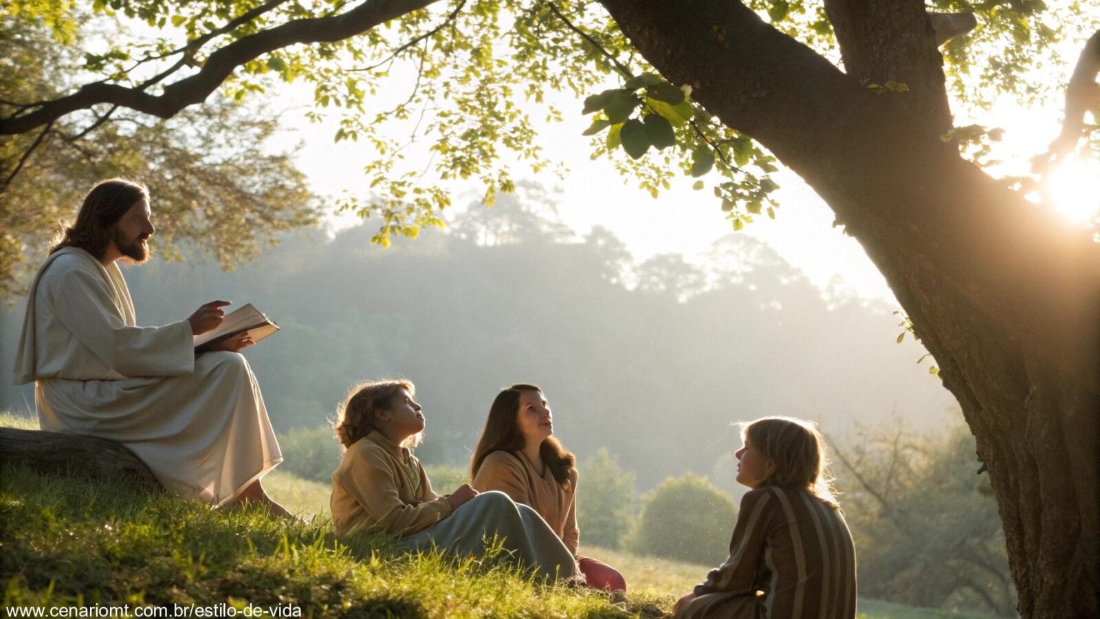 Cena bíblica serena com Jesus ensinando ao ar livre, sob uma árvore