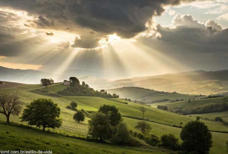 Luz divina iluminando uma paisagem tranquila, simbolizando a verdade que liberta e transforma