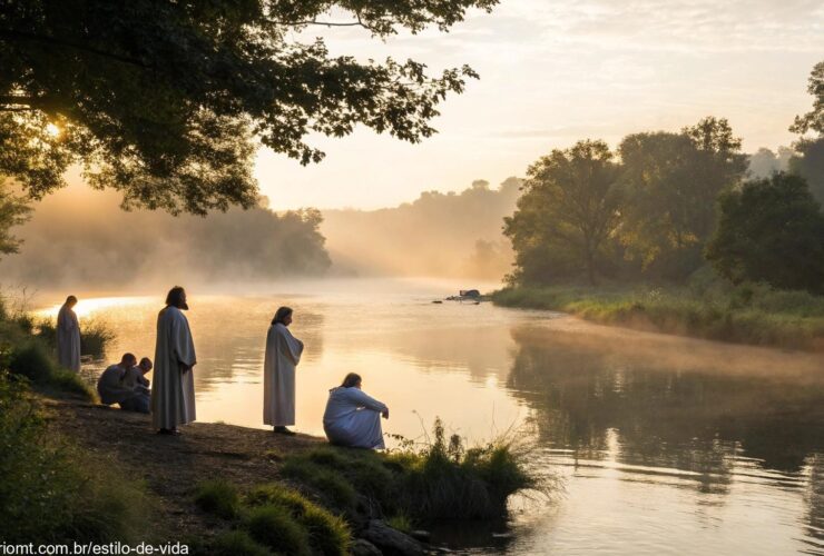 Cena bíblica tranquila ao amanhecer com pessoas reunidas perto de um rio, refletindo sobre o Evangelho do dia