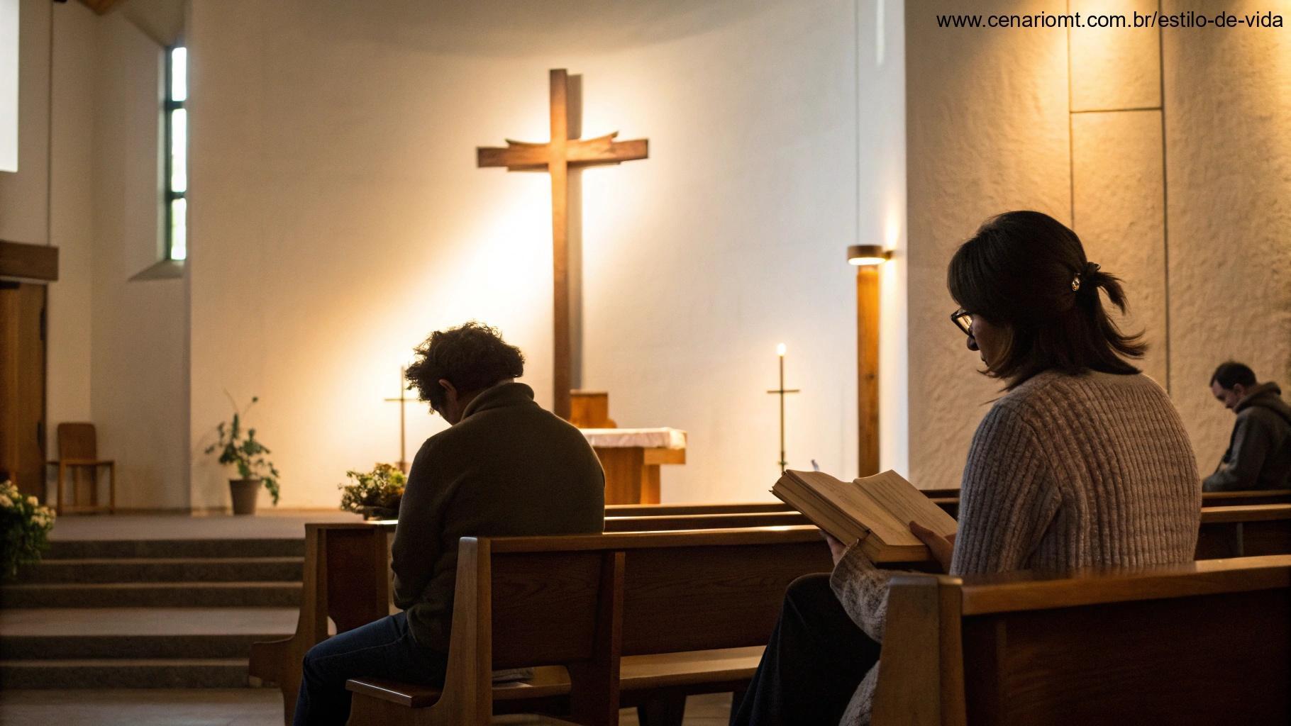 Imagem inspiradora do interior de uma igreja tranquila com iluminação aconchegante, uma cruz simples no altar e pessoas lendo o Evangelho do Dia 13/05/2025